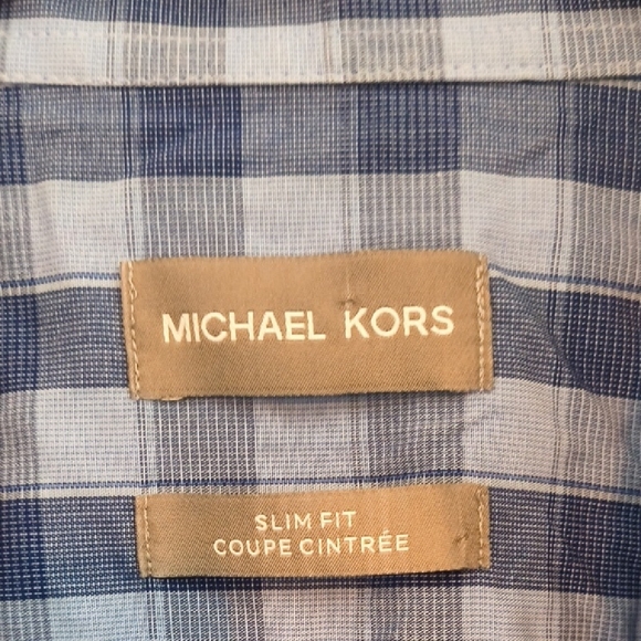 Michael Kors Men’s 100% Cotton Slim Fit Blue Check Dress Shirt - 15.5 34/3 - Picture 2 of 10
